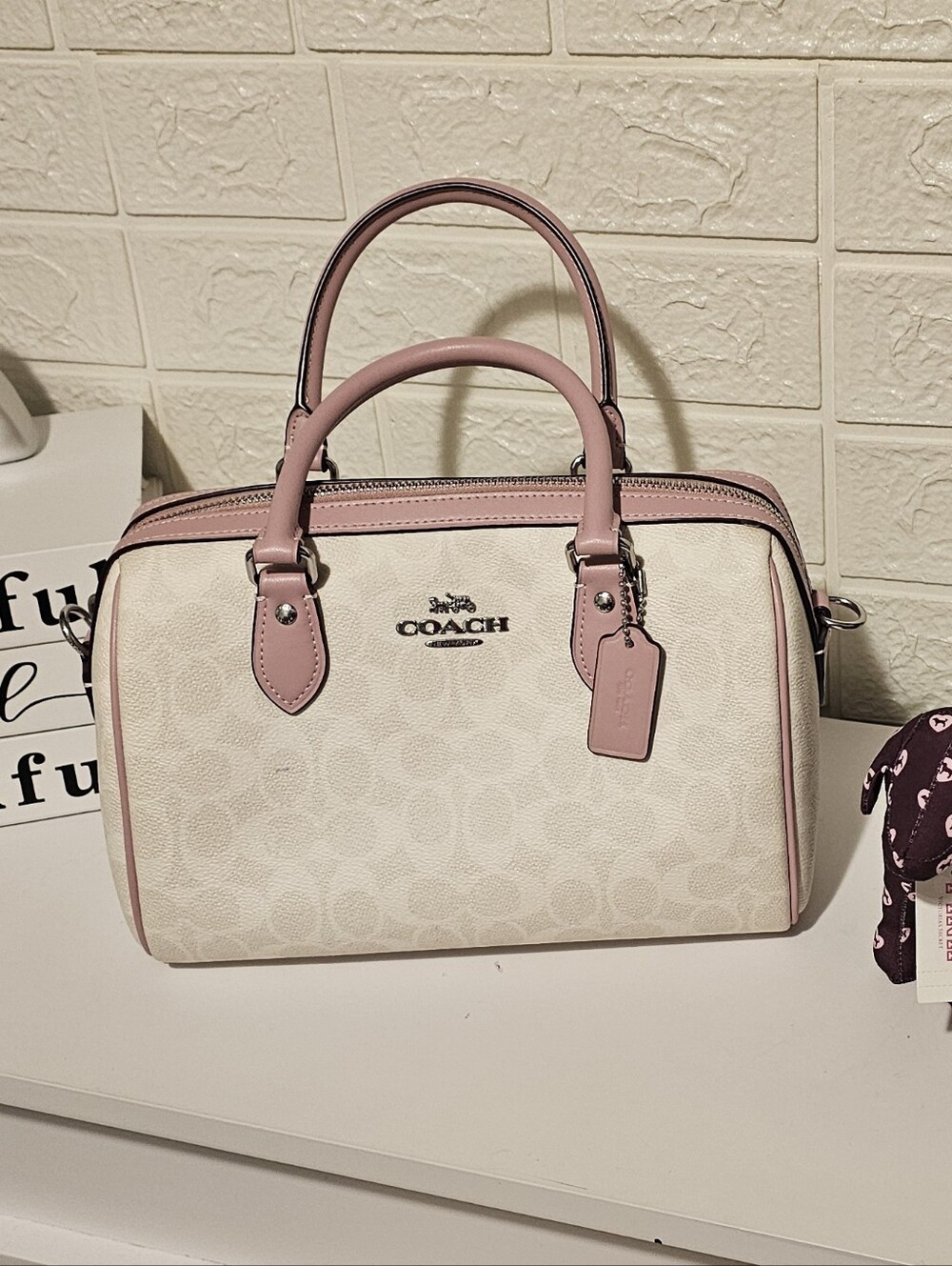 Coach Cream Canvas Dome Satchel with Pink Trim